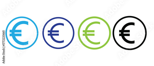 Set of euro currency icons in blue, green, and black  modern finance vector design for banking, payment, economy, and business applications.