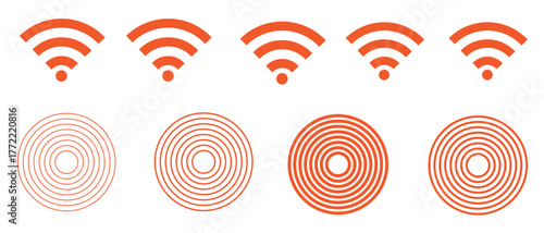 Set of orange wireless signal icons and concentric circle patterns representing Wi-Fi, network strength, and digital connection concept design.