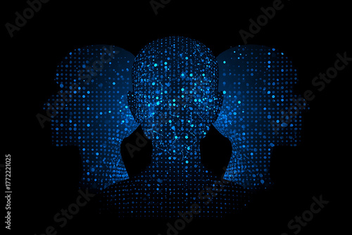 Three overlapping human silhouettes glowing with blue luminescent dots forming a digital network, representing human collaboration, unity, and AI-driven connection. AI-generated