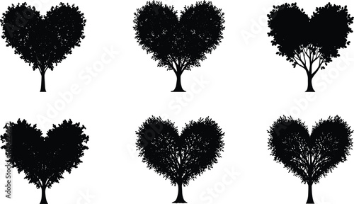 Heart shaped tree silhouettes, love nature design, romantic forest art, eco background illustration, seasonal decoration concept, environment friendly lifestyle symbol