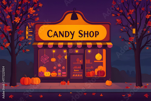 illustration of a Halloween candy shop at night