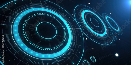 Tech interface concept, blue neon circle, digital dashboard, futuristic design, vector illustration, sci-fi decor, data element, modern technology, visual art, innovation layout.