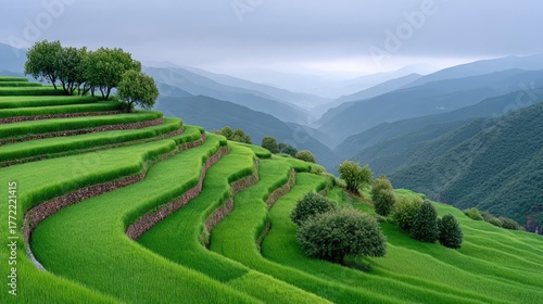 Lush Green Rice Terraces Carved Into Rolling Hills Under a Misty Hazy Sky in Asia