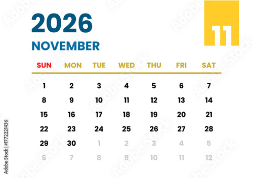 November 2026 Calendar. Sunday Start Format. November 2026 Monthly Calendar Template. End of Year Planner with Blue and Yellow Accent. Clean Blue and Yellow Calendar November 2026. 