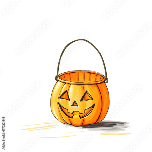 Orange pumpkin candy bucket with a carved jack-o’-lantern face