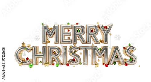 3D Render of Metallic Gold and Silver Merry Christmas Text with Festive Ornaments and Snowflakes