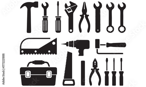 Hand Tool Icon Set – Construction, Repair, and Mechanic Equipment Vector Collection .