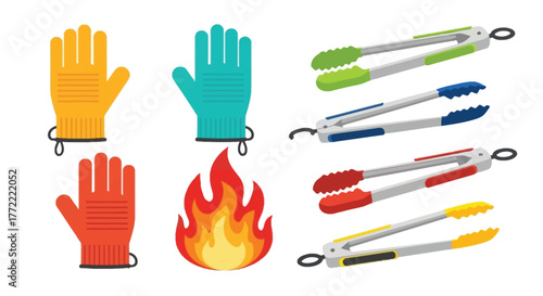 Colorful gardening gloves and kitchen tongs displayed in a flat vector illustration