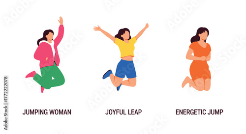 Three women jumping and expressing joy in colorful vector illustration