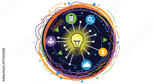 Bright idea concept with colorful icons radiating from a central lightbulb
