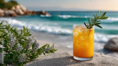 Refreshing Orange Tropical Cocktail With Ice Garnished With Green Herb Resting On Rocky Shore With Sandy Beach And Turquoise Ocean Waves In The Background At Golden Hour