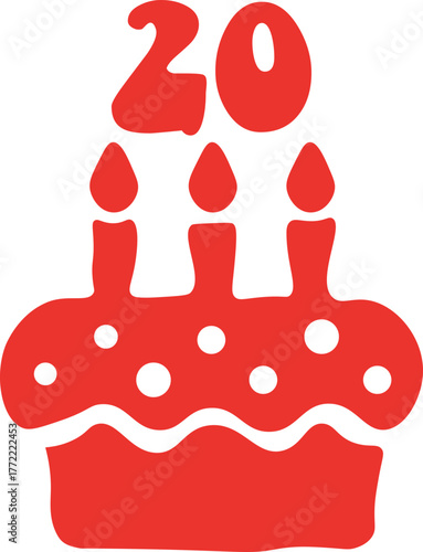 Red birthday cake with number 20 and candles twenty