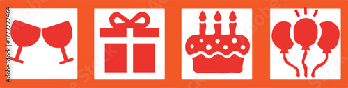 Red celebration icons toasting gift cake balloons party