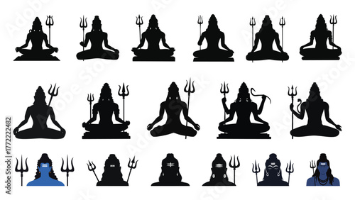 Lord shiva bholenath with trishul meditation black silhouette elenents: festival, mahashivratri, face, portrait, god, clip art, religion, spiritual, yoga, deity, india, divine, vector, illustration,