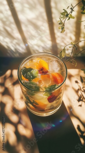 Refreshing summer drink with ice, mint, and fruit slices, enjoyed in warm sunlight with dappled shadows and plant leaves