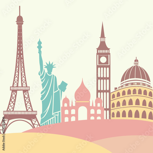 A stylized illustration of iconic global landmarks including the eiffel tower statue of liberty big ben and the colosseum set against a neutral background with abstract rolling hills