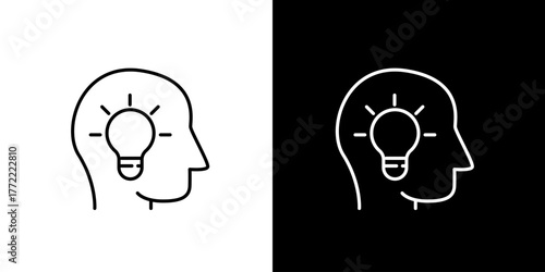 Creative idea icon with a human head and light bulb. Symbol of innovation, thinking,inspiration, and intelligence. Thin line vector art