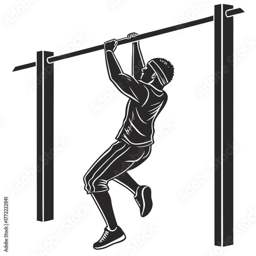 Athletic man performing a pull up exercise on a horizontal bar demonstrating strength and fitness during a workout session in a stylized black and white illustration