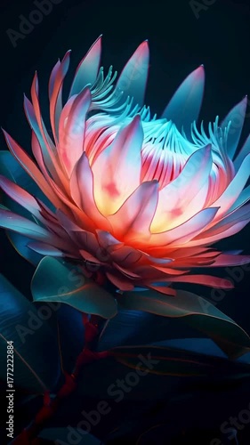 Stunning Protea Bloom Glowing Dark Background Colorful Vibrant Petals Artistic Botanical Flora