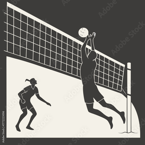 Dynamic illustration of a male volleyball player spiking the ball over the net while a female player prepares to defend on the court