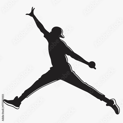 Dynamic silhouette of a basketball player in mid air capturing the iconic jump pose against a clean white background