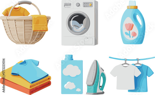 Cartoon style laundry and ironing equipment illustration with washing machine, clothes basket, folded clothes, clean garments, and household cleaning tools