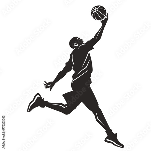Dynamic silhouette of a basketball player in mid air executing a powerful slam dunk with the ball held high above his head