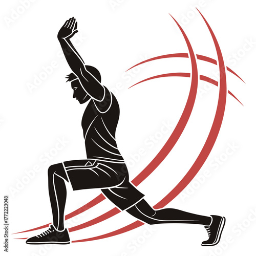 Dynamic silhouette of a fit man performing a lunging stretch exercise with red abstract motion lines emphasizing movement and energy