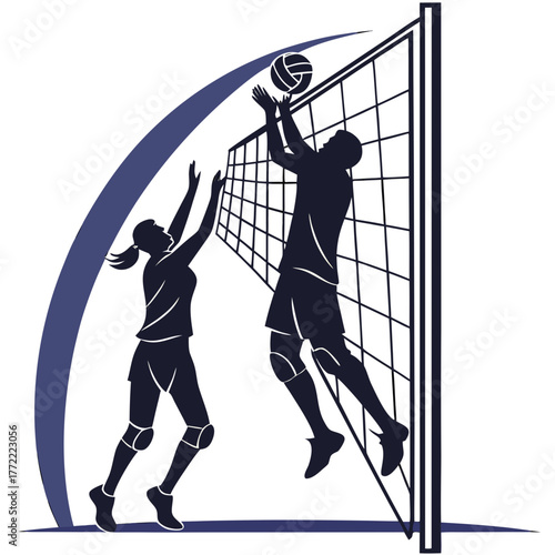 Dynamic silhouette of a male volleyball player spiking the ball over the net while a female player defends and reaches upward during a competitive match