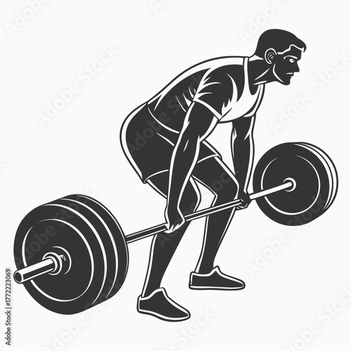 Dynamic silhouette of a muscular man performing a deadlift exercise with a barbell in a gym setting emphasizing strength and athleticism