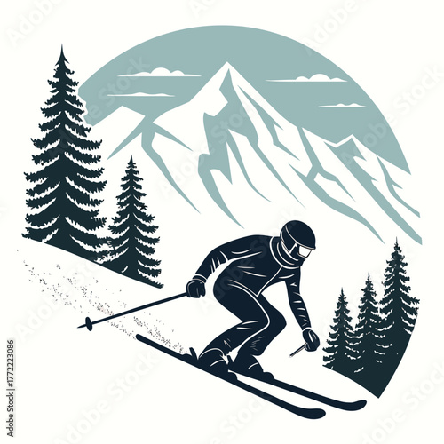 Dynamic silhouette of a skier carving down a snowy mountain slope amidst pine trees and majestic peaks under a cloudy sky
