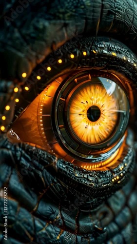 Close Up Crocodile Eye Futuristic Robotic Elements Dynamic Vision Digital Interface Glowing Orange Iris