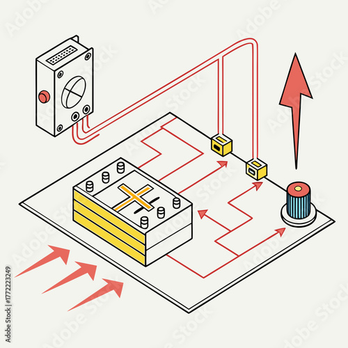 Isometric illustration of a simplified electronic circuit diagram showing a power source connected to components via wires and pathways with input and output indicators and a control knob