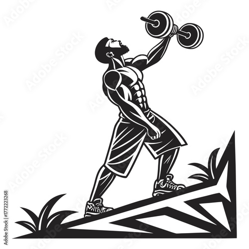 Muscular man with beard lifting dumbbell upwards on a rocky terrain with grass in a black and white stylized illustration