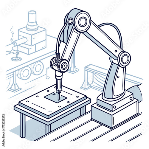 Modern industrial robotic arm precisely performing a delicate task on a manufacturing assembly line in a clean bright factory setting with automated machinery
