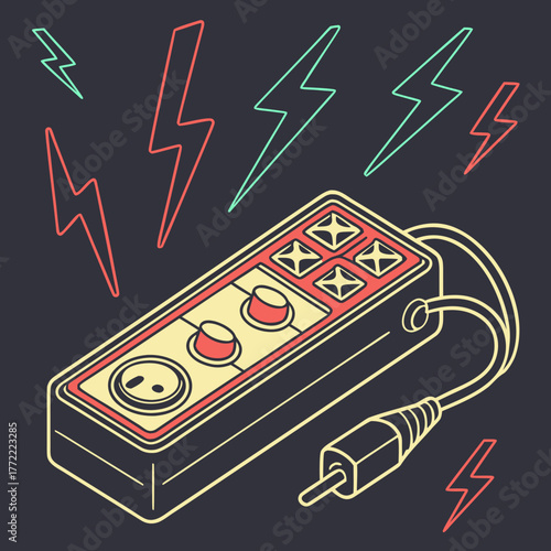 Retro video game controller with red and green lightning bolts against a dark background vintage gaming concept illustration