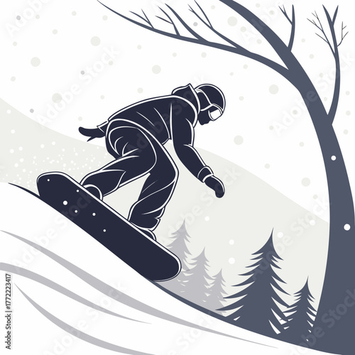 Silhouette of a snowboarder carving down a snowy slope amidst falling snowflakes and silhouetted pine trees and bare branches