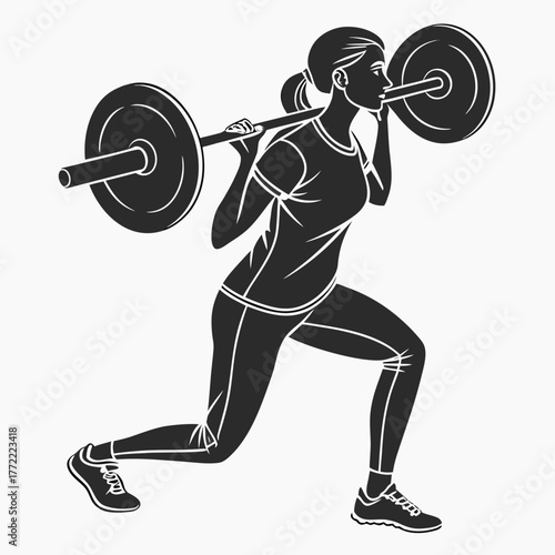 Silhouette of a strong athletic woman performing a barbell lunge exercise in a gym focusing on her fitness and strength training routine