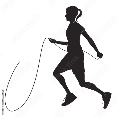Silhouette of a woman in athletic wear performing a jump rope exercise with a dynamic pose and a white background