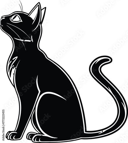 Sleek Black Cat Sitting Halloween Illustration. Black Cat artwork