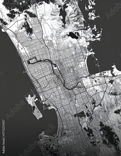 Black and white bird's eye view of a city with waterways and terrain
