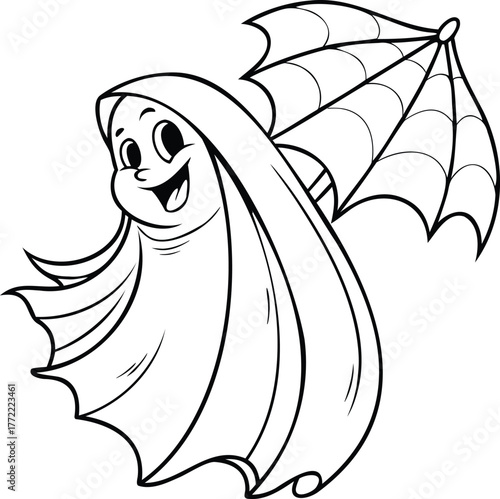 Playful Ghost with Spider Web Halloween Coloring Page. Ghost with Web