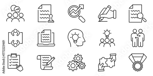Versatile linear symbols or icon illustrating concepts of business strategy, project management, data analysis, and teamwork collaboration