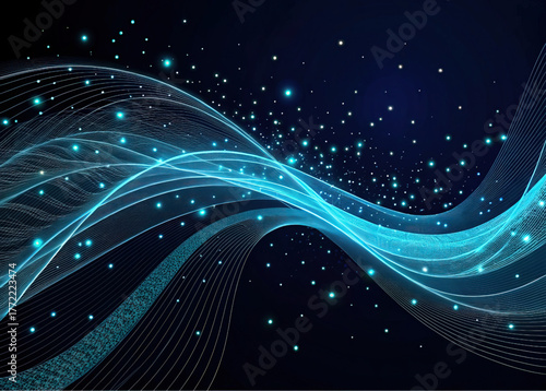 Tech wave concept, blue neon line, digital curve, futuristic design, vector illustration, sci-fi decor, innovation element, artistic pattern, modern technology, visual art.