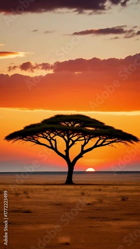 Stunning African Sunset Time lapse with Acacia Tree Silhouette over Vast Savannah Landscape Dynamic Motion
