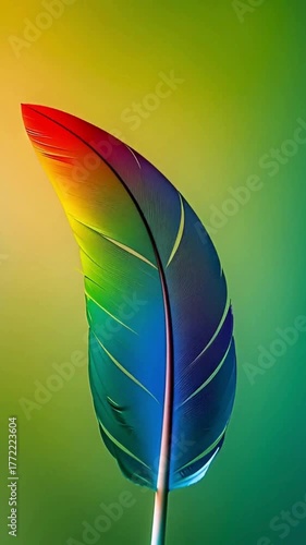 Colorful Feather Dancing Gently Against Vibrant Green and Yellow Background