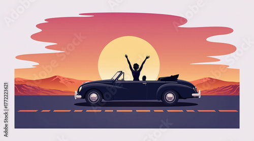 Joyful person celebrating in a vintage convertible at sunset