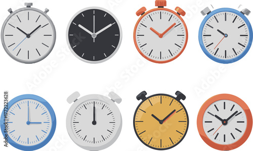 Collection of modern clock and timer icons including analog, digital, smartwatch, alarm, stopwatch, and calendar symbol for design