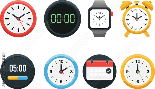 Collection of modern clock and timer icons including analog, digital, smartwatch, alarm, stopwatch, and calendar symbol for design