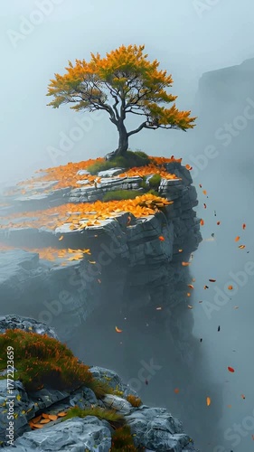 Autumn Tree Leaves Falling from Cliff Edge in Misty Mountain Landscape